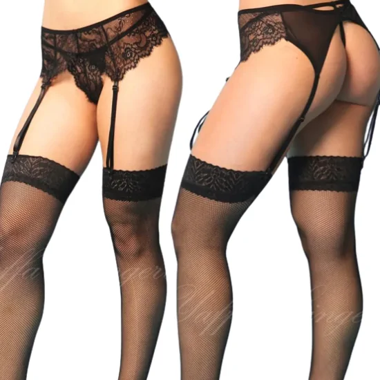 Cinta Liga com Calcinha Fio Dental em Renda Preta Yaffa Lingerie