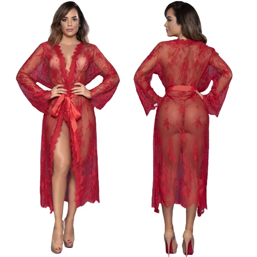 Robe em Tule com Detalhes Rendado de Luxo com Faixa para a Cintura Vermelho Yaffa Lingerie