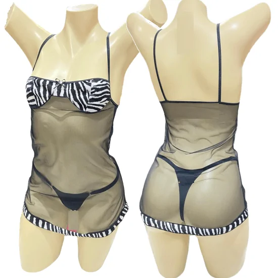 Camisola em Tule Transparente Preto com Decote e Barra em Estampa de Zebra em Veludinho Sublimis