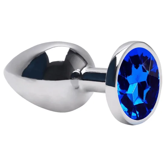 Plug Anal em Aço Redondo com Joia na Cor Azul Tamanho P 7 x 2,8 cm