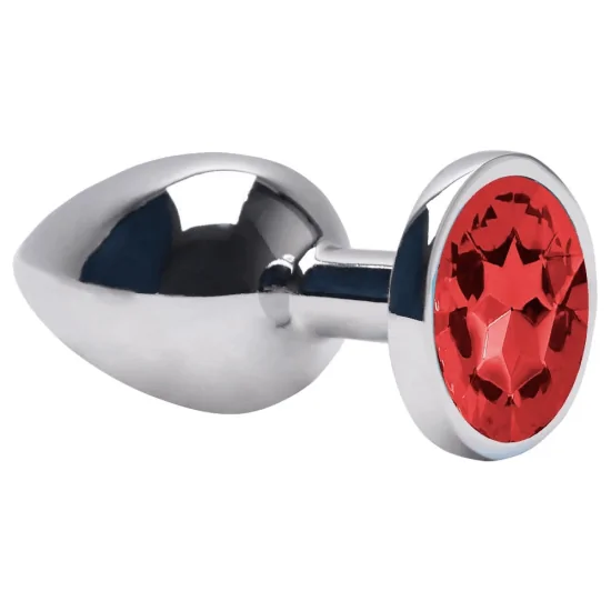 Plug Anal em Aço Redondo com Joia na Cor Vermelha Tamanho P 7 x 2,8 cm