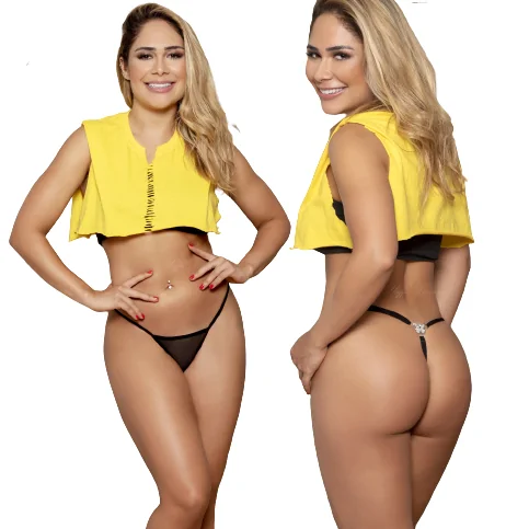 Calcinha em Tule Transparente com Regulagem e Joia em Formato de Borboleta no Bumbum na Cor Preta Yaffa Lingerie