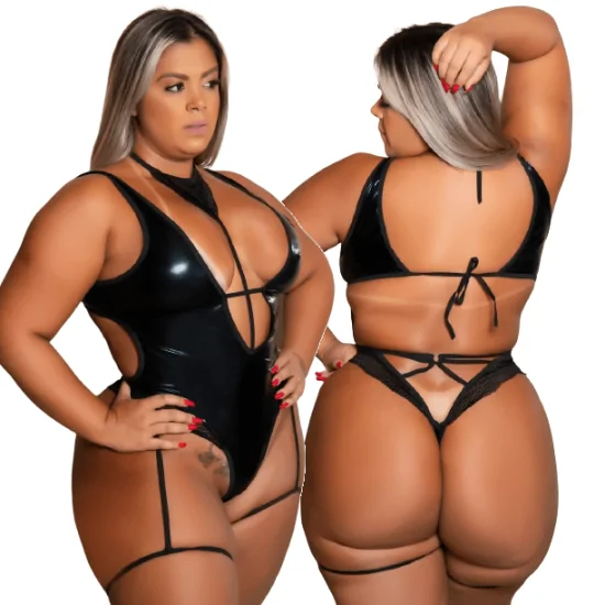 Body Plus Sexy em Vinil e Renda com Persex e Chocker de Pescoço na Cor Preto Margarita Garota Veneno