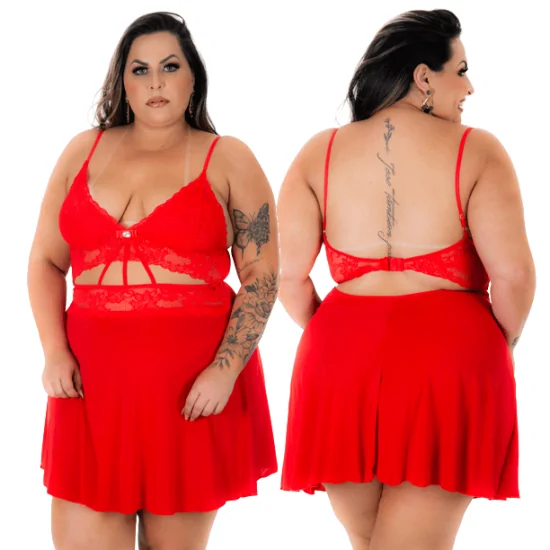 Camisola em Renda e Malha Suave com Detalhe Vazados Strappy na Cor Vermelha Joyce Plus Pimenta Sexy