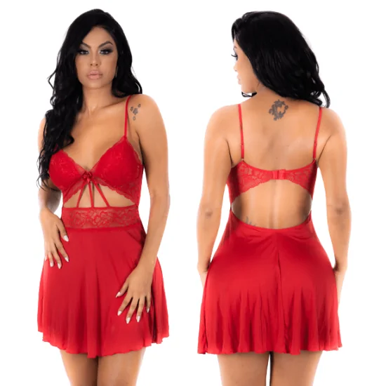 Camisola em Renda e Malha Suave com Detalhe Vazados Strappy na Cor Vermelha Joyce Pimenta Sexy
