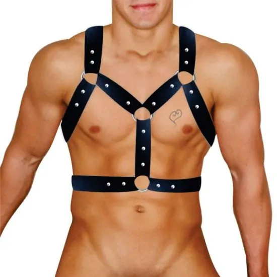 Harness Masculina com 2 Argolas, Rebites e Regulagem Modelo Gladiador na cor Preta Ruthless Innamorata