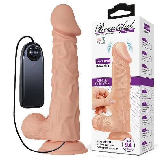 Prótese Realística Vibratória Buraq com Escroto e Ventosa 24cm Possui Cápsula Vibratória Interna com Controle Multivelocidades Glande em Design Confortável e Anatômico