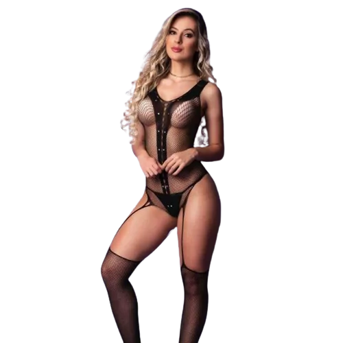 Body em Arrastão com Detalhe em Strass com Meia Arrastão 7/8 Interligada Preto Yaffa Lingerie
