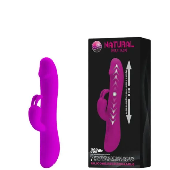 Vibrador Recarregável Vai e Vem com 7 Movimentos e Estimulador de Clitóris em Formato de Coelho com 7 Vibrações Roxo Natural Motion 20 x 3,5 cm