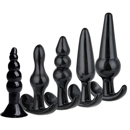 Kit com 5 Plugs em Silicone com Formatos e Tamanhos Diferentes na Cor Preto