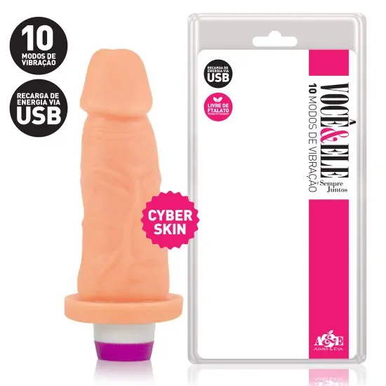 Pênis em CyberSkin® com 10 Modos de Vibração Recarregável 14,5x4 cm Adão e Eva